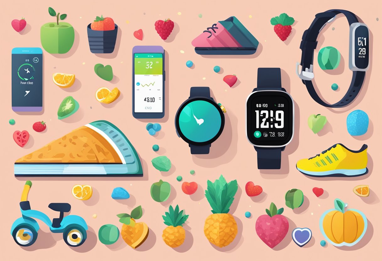 A fitness tracker with a heart rate monitor displayed on a wrist, surrounded by various exercise equipment and healthy food options