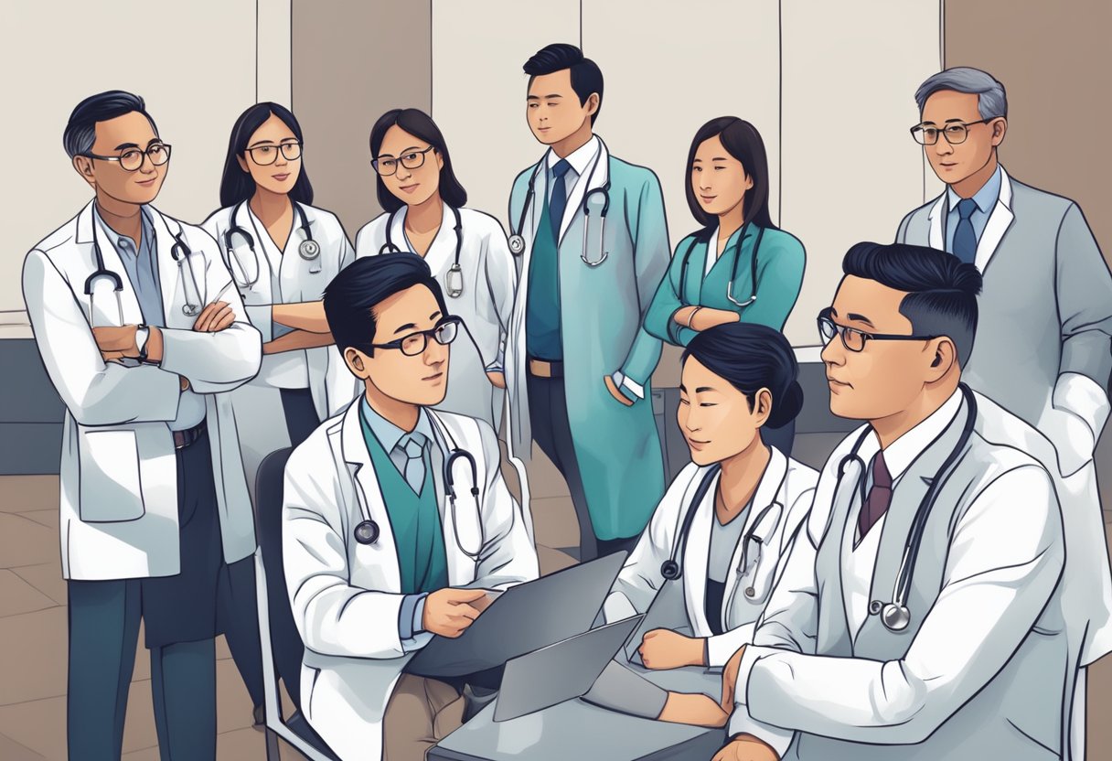 A group of doctors discussing cardiology topics at a Singapore society event