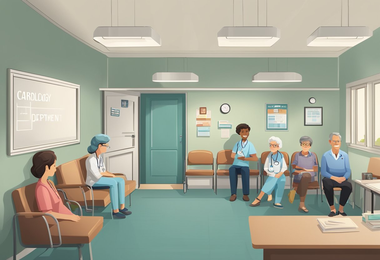 A doctor's office with a sign reading "Cardiology Department" and a waiting room filled with people of various ages