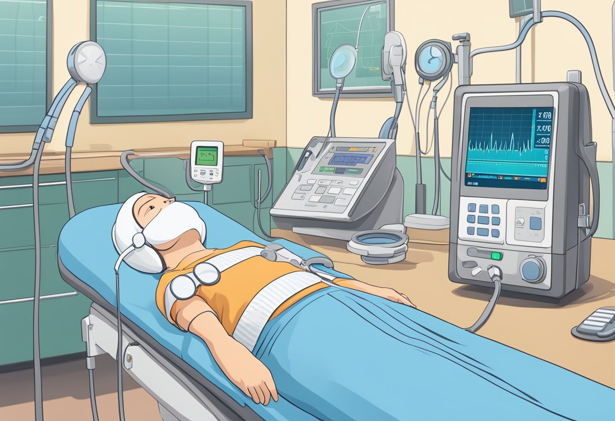 A fetal heart monitor displays a flat line, surrounded by medical equipment and concerned medical staff