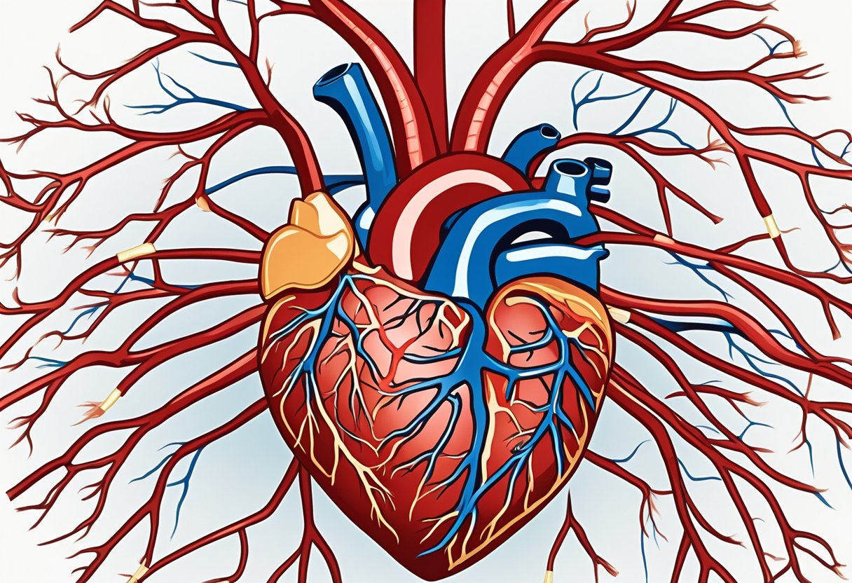 An illustration of a heart with arteries and veins, showing blockage and blood flow, to depict the causes of a stroke