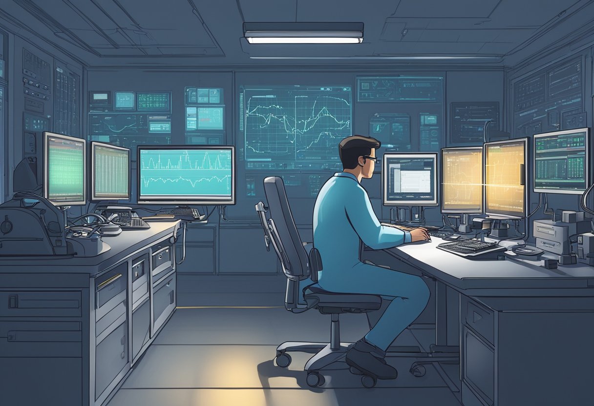 A cardiology technologist operates medical equipment in a dimly lit room, surrounded by monitors and wires. A heart rate monitor beeps steadily in the background