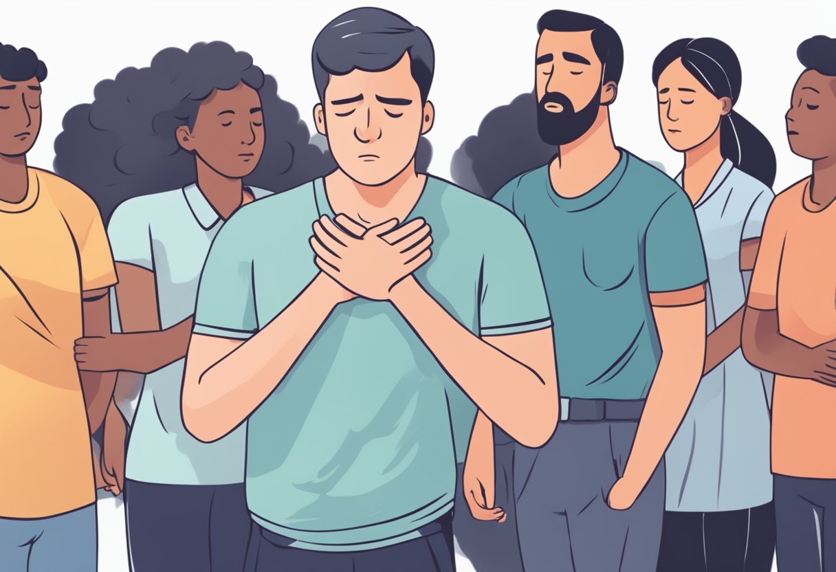 A person clutching their chest, sweating, and struggling to breathe. Others nearby are calling for help and preparing to administer CPR
