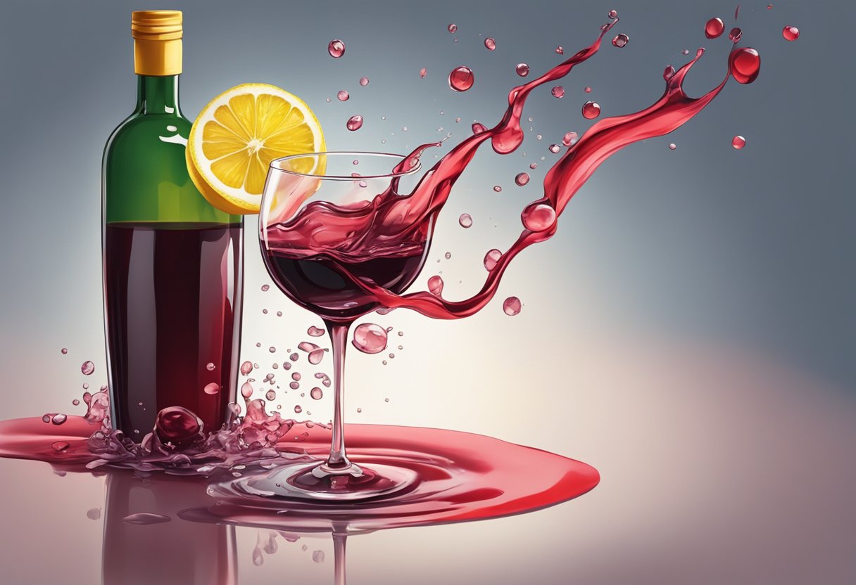 A glass of red wine spills onto a table, mixing with lemon juice and vinegar, creating a bubbling, acidic mess