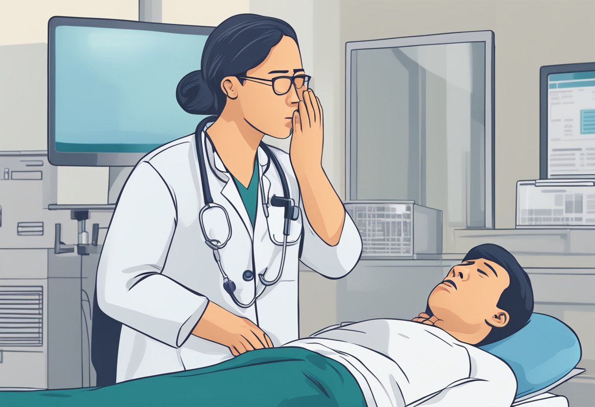 A person experiencing chest pain, sweating, and shortness of breath, clutching their chest in distress. Medical equipment and healthcare professionals are present, assessing the patient's condition