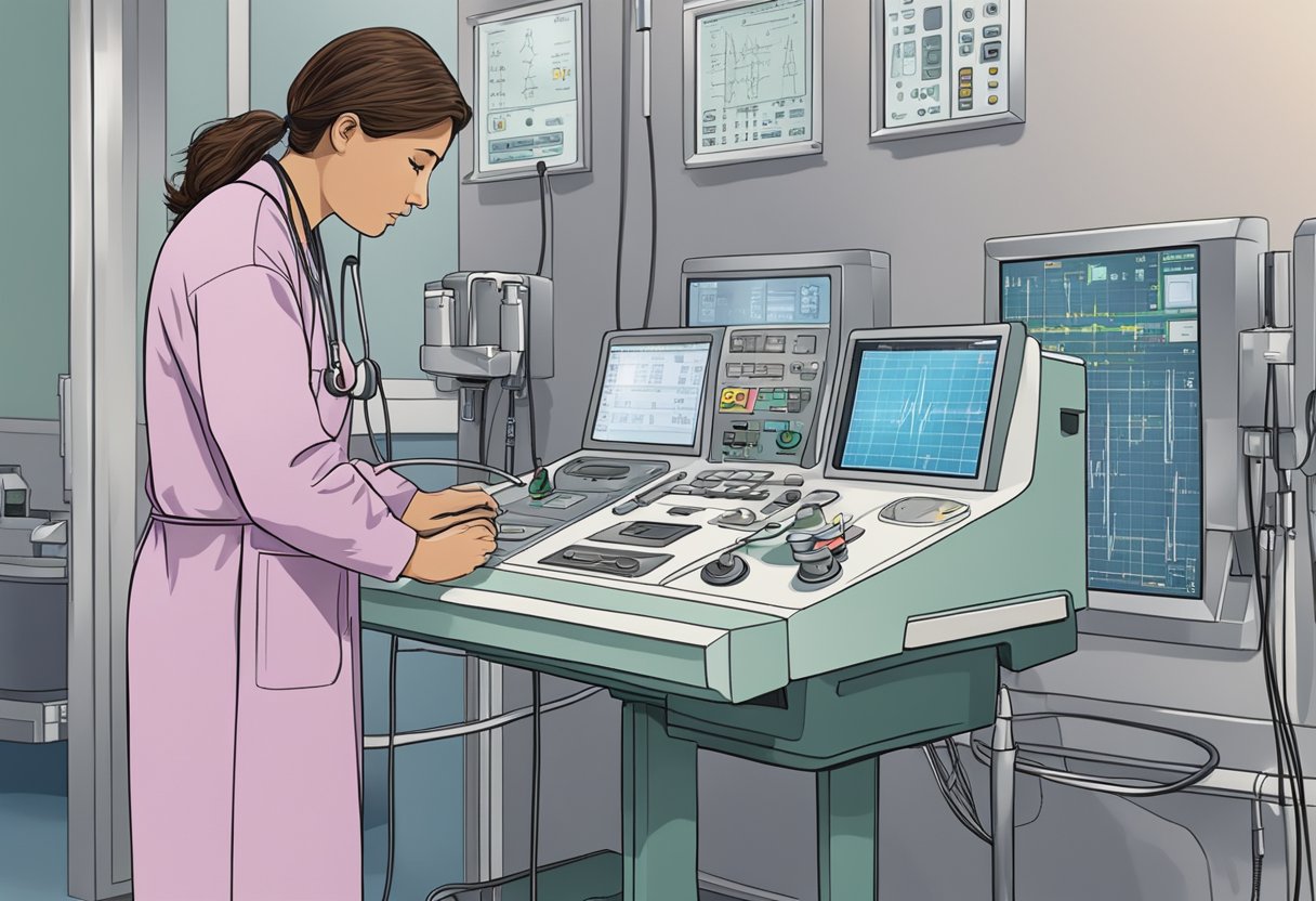 A person in scrubs operates an EKG machine in a hospital room