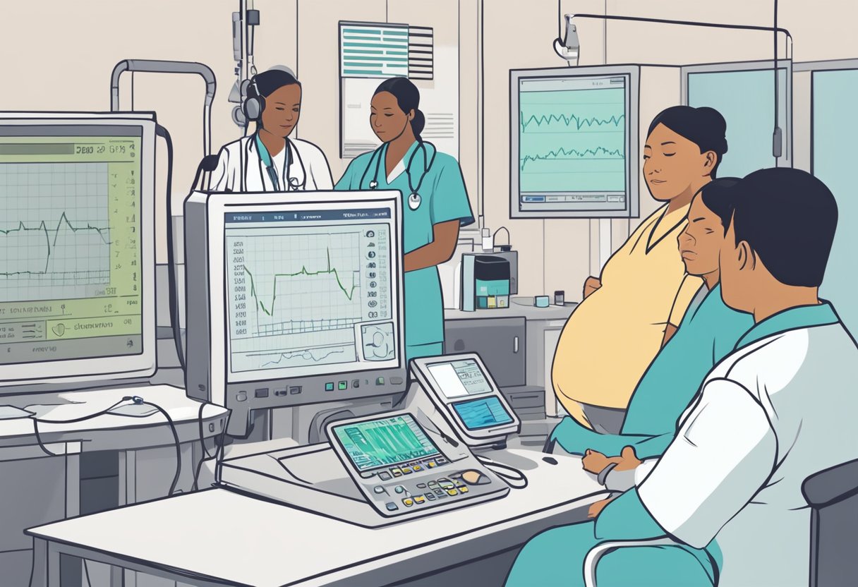 A fetal heart monitor displays a flat line, surrounded by concerned medical staff