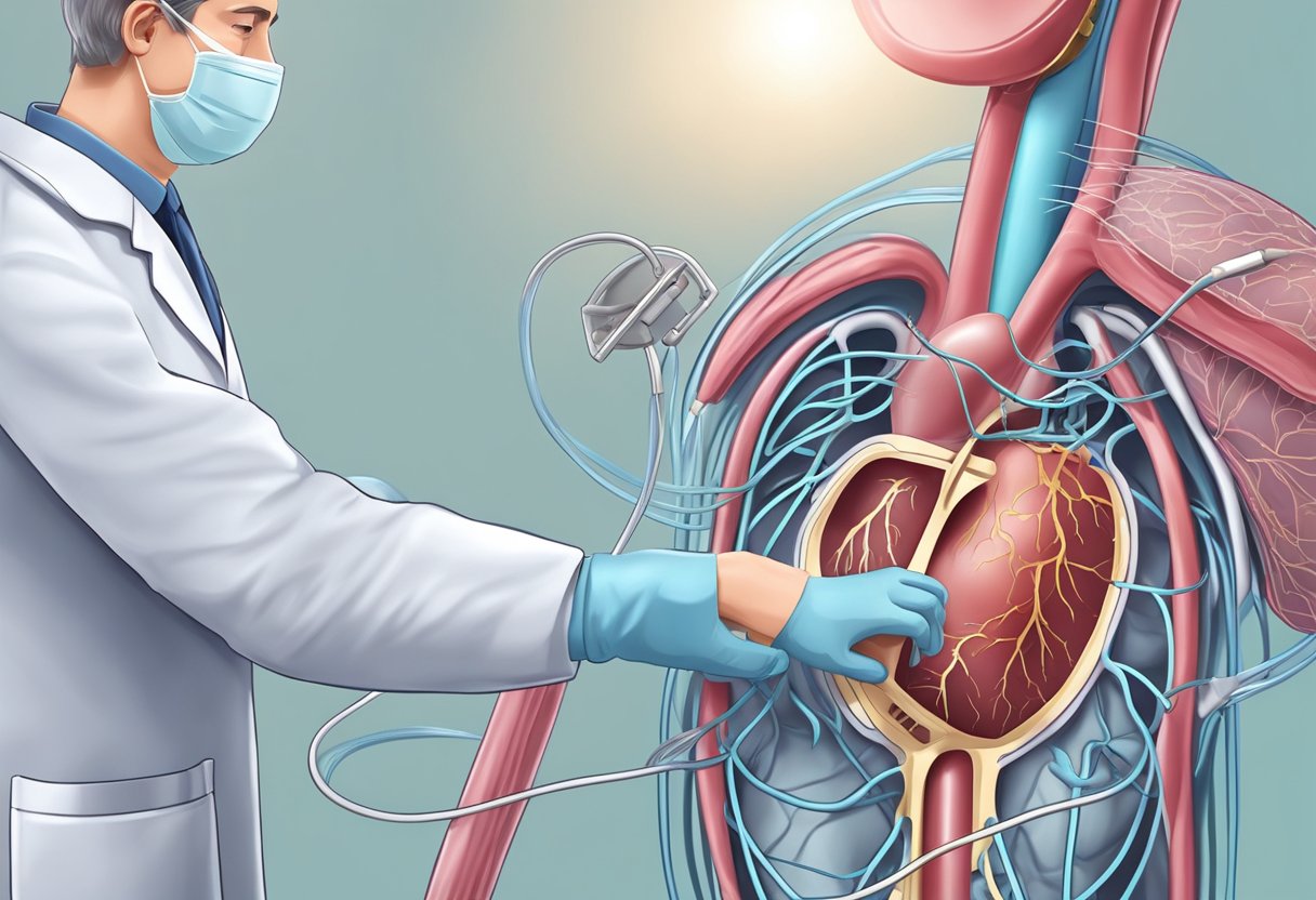 A doctor inserts a stent into a blocked heart artery. Blood flow improves. The patient feels relief and breathes easier