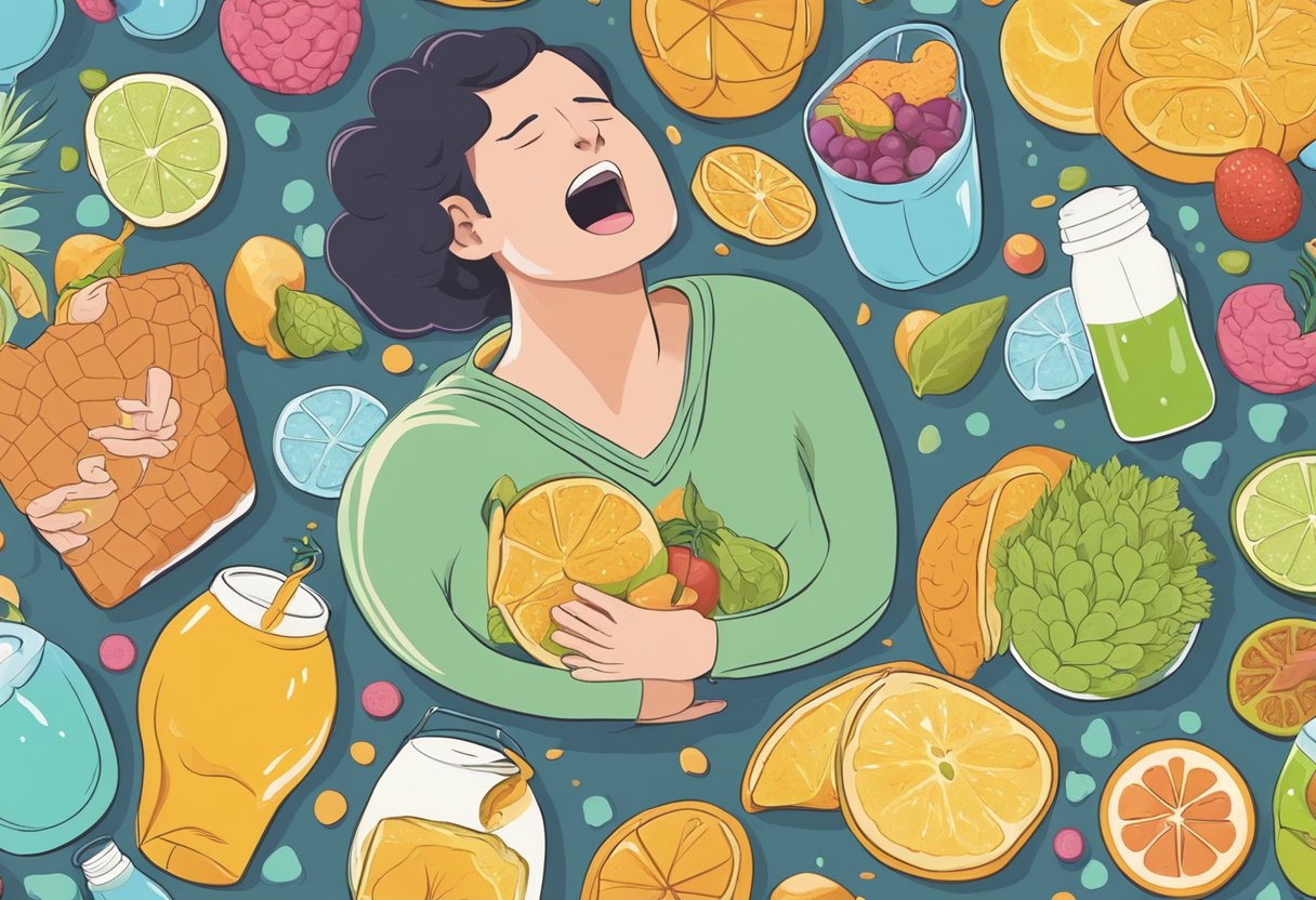 A person clutching their chest in pain, while surrounded by acidic foods and drinks