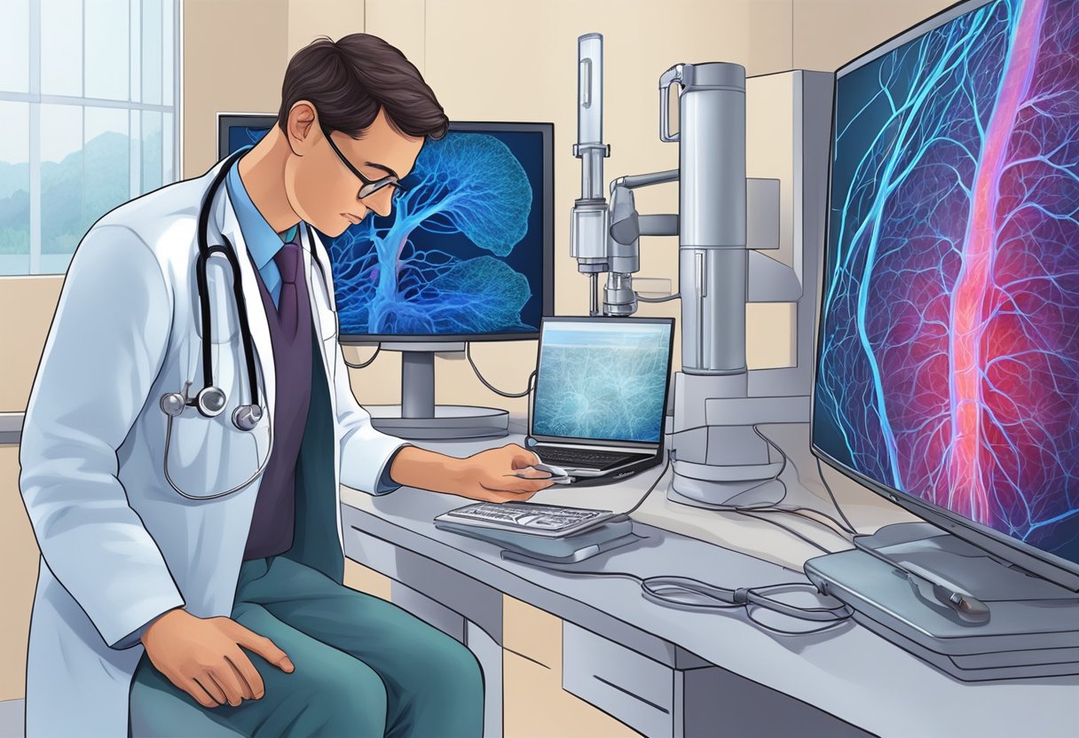 A doctor carefully injects contrast dye into a patient's blood vessels, revealing the intricate network of arteries and veins on a monitor