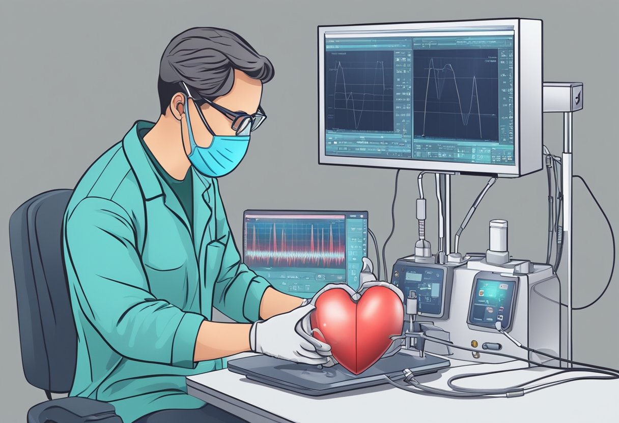 A technician sets up equipment, applies gel, and uses a transducer to capture images of a beating heart during an echocardiogram