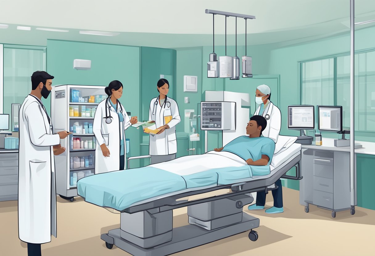 A medical team administers treatment for ACS in a hospital setting, including medication, monitoring, and possible intervention procedures