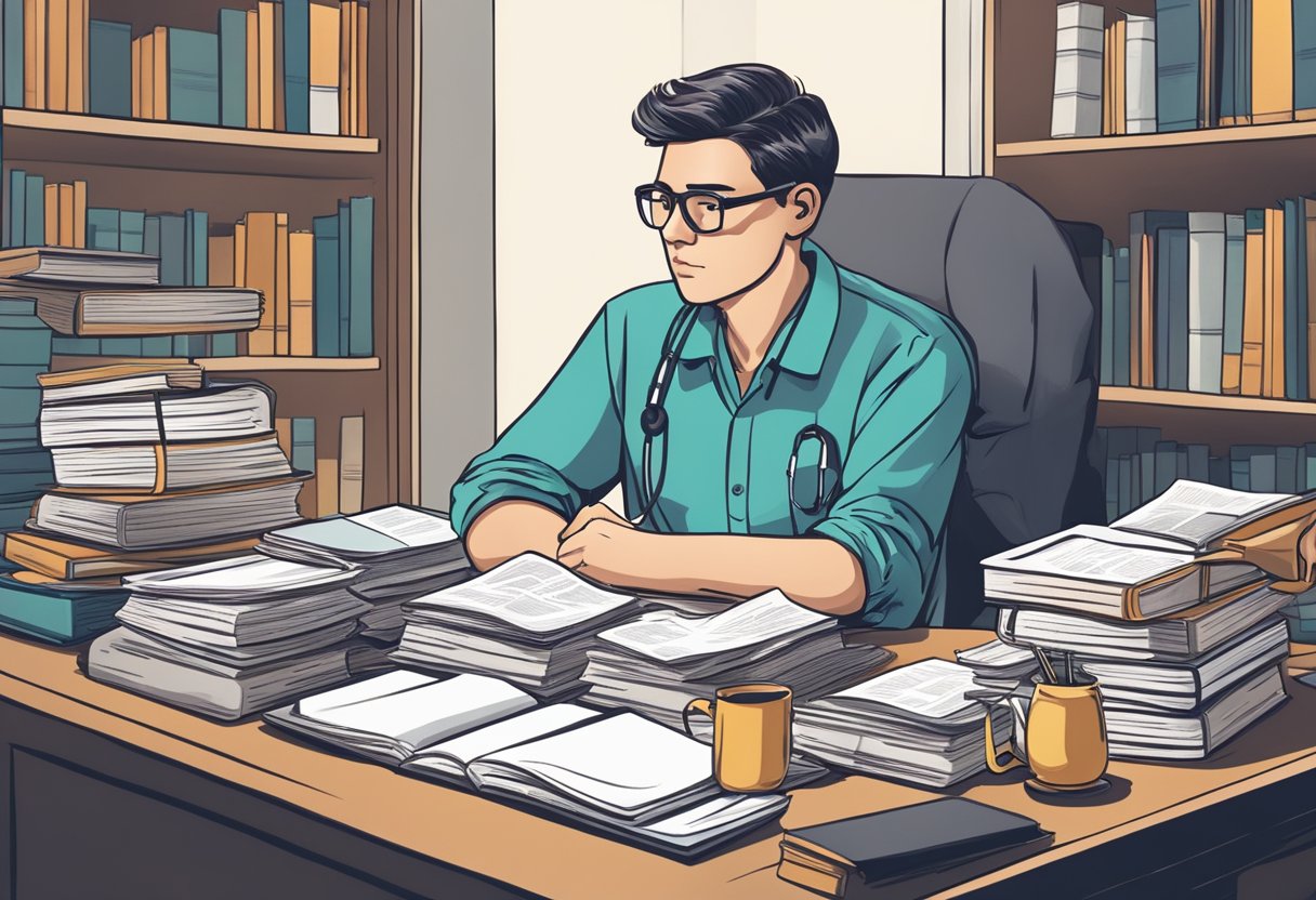 A person sitting at a desk, surrounded by medical books and papers, looking concerned while holding their chest