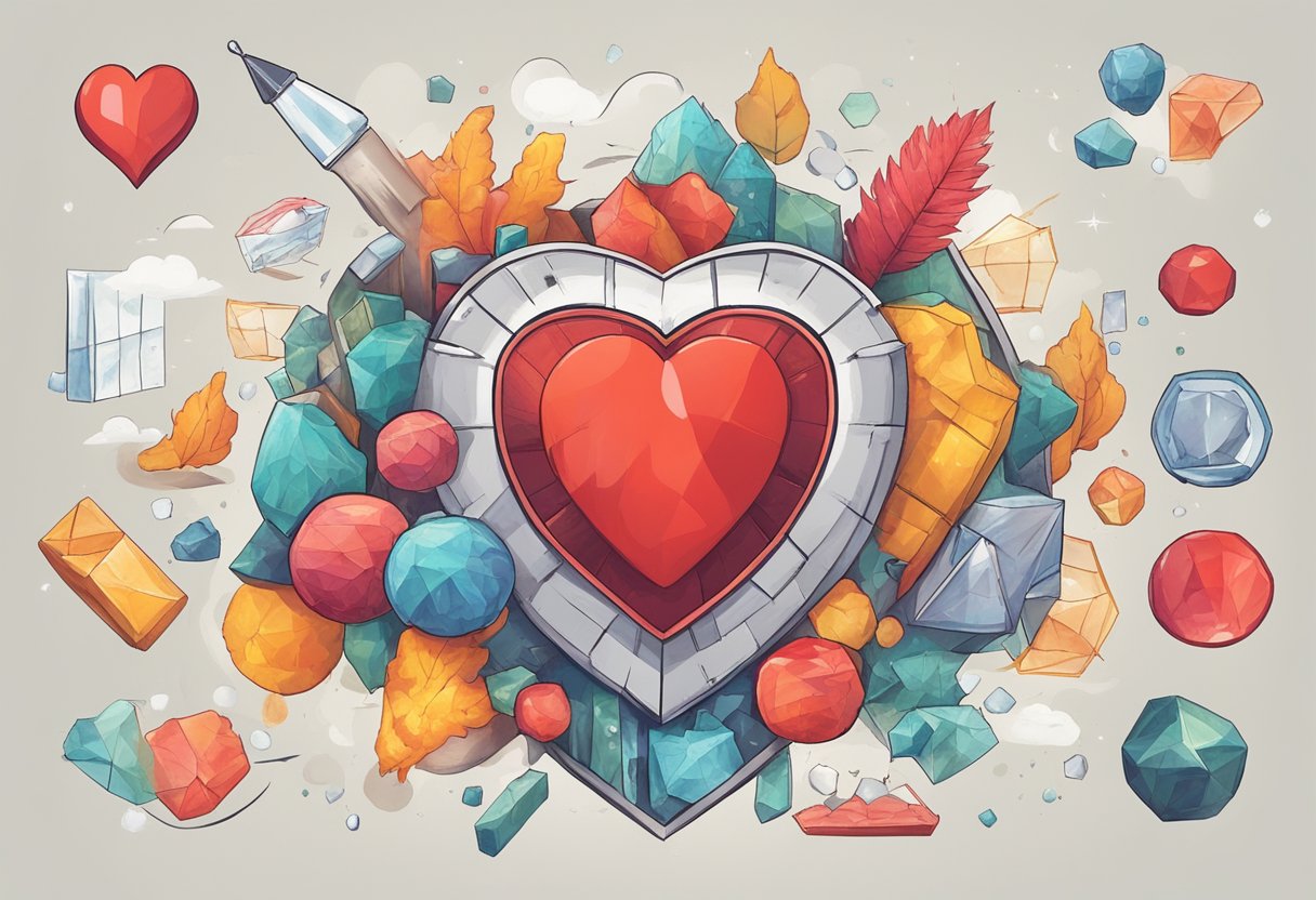 A red heart surrounded by acidic substances, with a jagged line representing risk factors and a shield symbolizing prevention