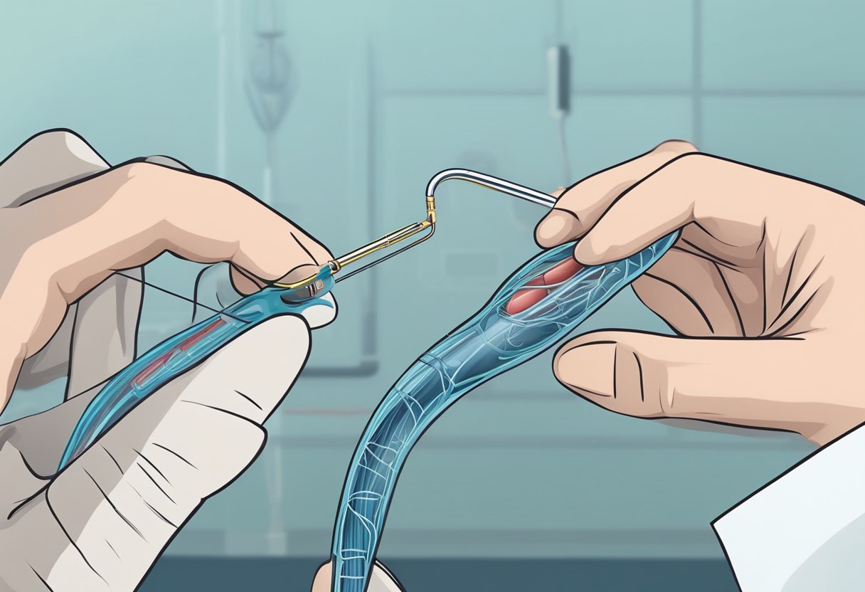 A doctor inserting a stent into a heart artery to treat blockage