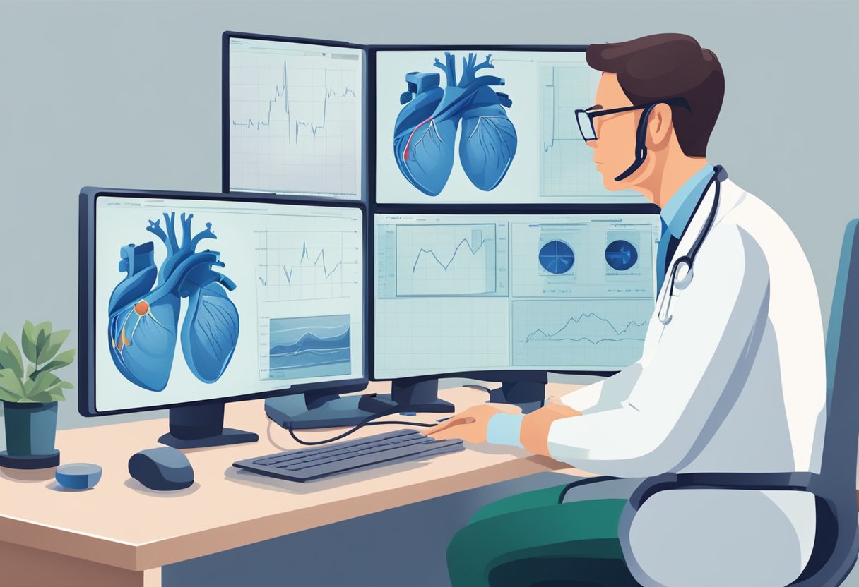A doctor performs an echocardiogram, displaying heart images on a monitor. Patients ask questions about the test