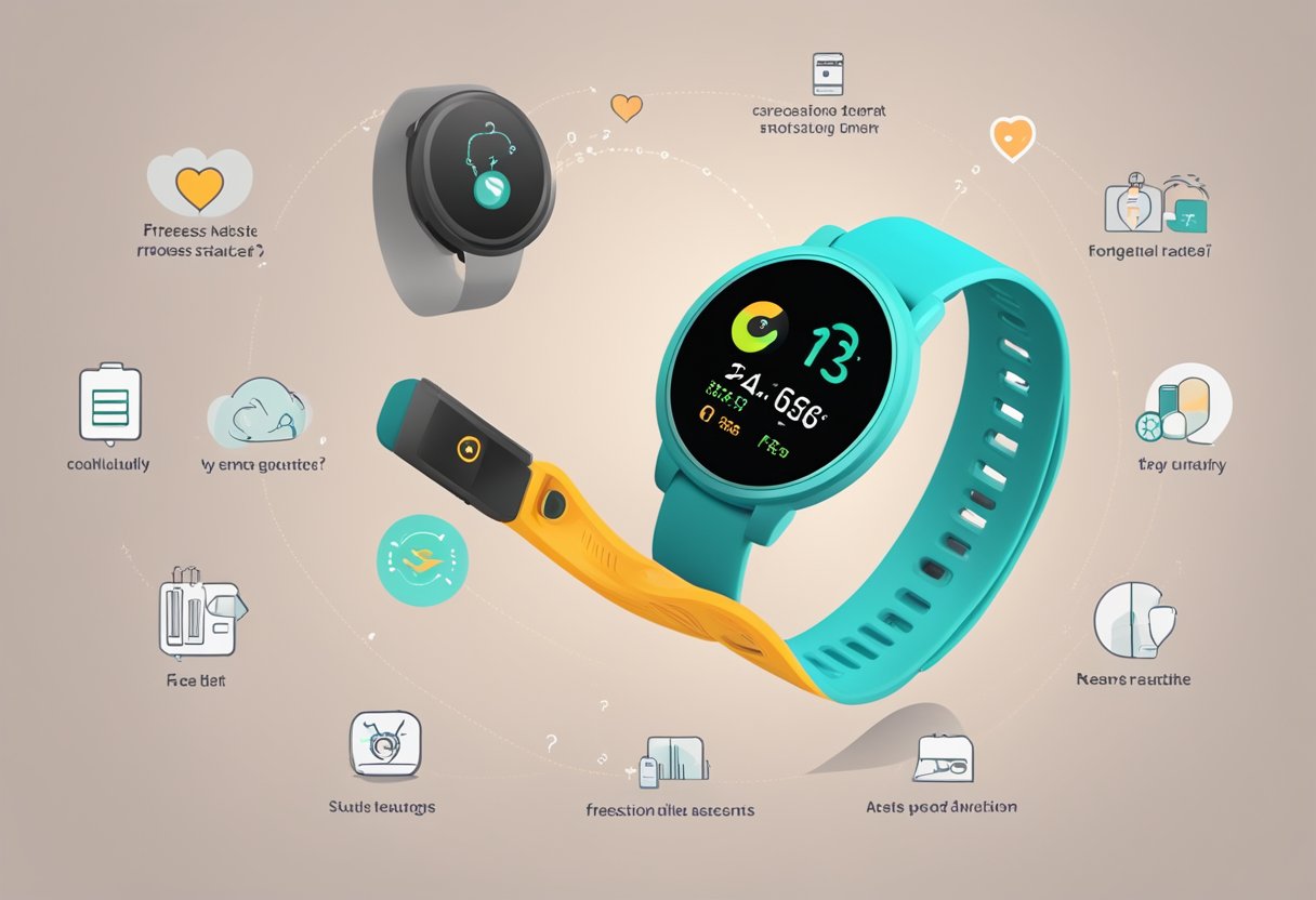 A fitness tracker with heart rate sensor displayed on a wrist, surrounded by icons and text of frequently asked questions