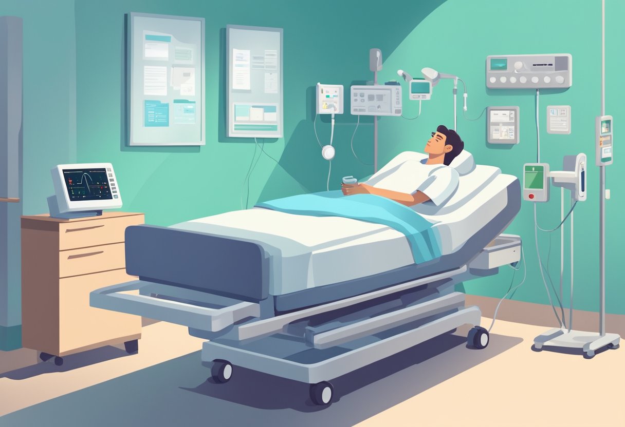 A patient rests in a hospital bed with monitoring equipment. A nurse checks vital signs and administers medication. The room is quiet and calm