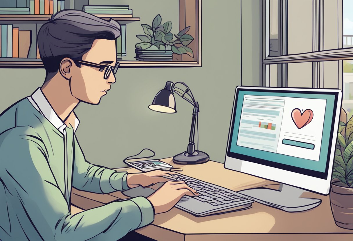 A person with a puzzled expression looking at a computer screen with the words "Frequently Asked Questions: why do I get heart palpitations" displayed prominently