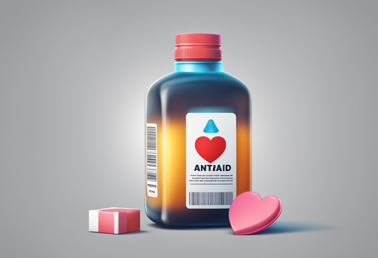 A bottle of antacid surrounded by a heart symbol and a warning sign
