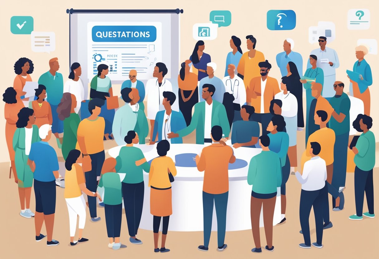 A crowd gathers around a banner reading "Frequently Asked Questions: ACS Event Cardiology." People engage in conversation and look at the information displayed