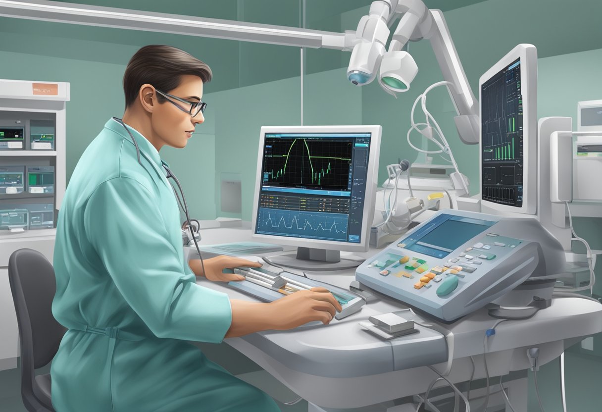 A cardiology technologist monitors heart activity in a hospital setting, using specialized equipment and working closely with medical staff to ensure accurate readings and patient care