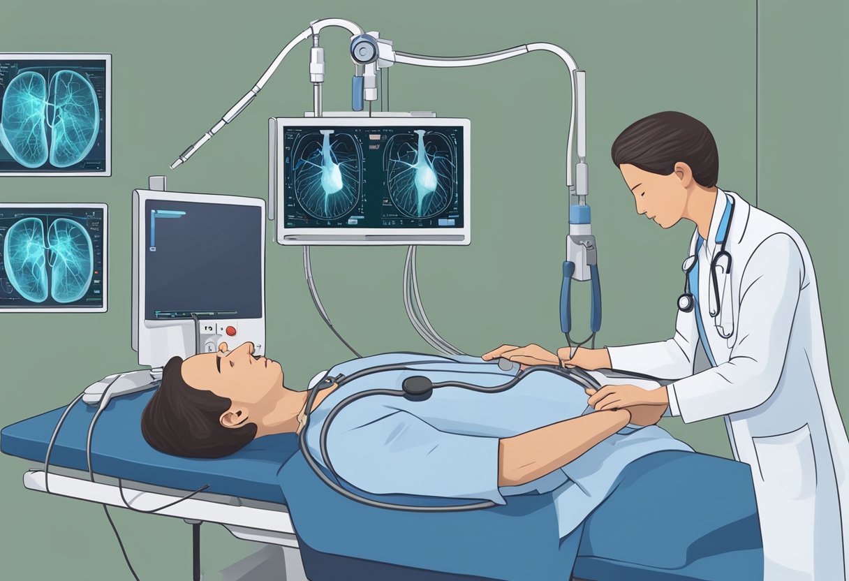 A doctor performing an angiogram on a patient's heart post-heart attack. Equipment and monitors surround the patient as the doctor carefully inserts a catheter into the arteries