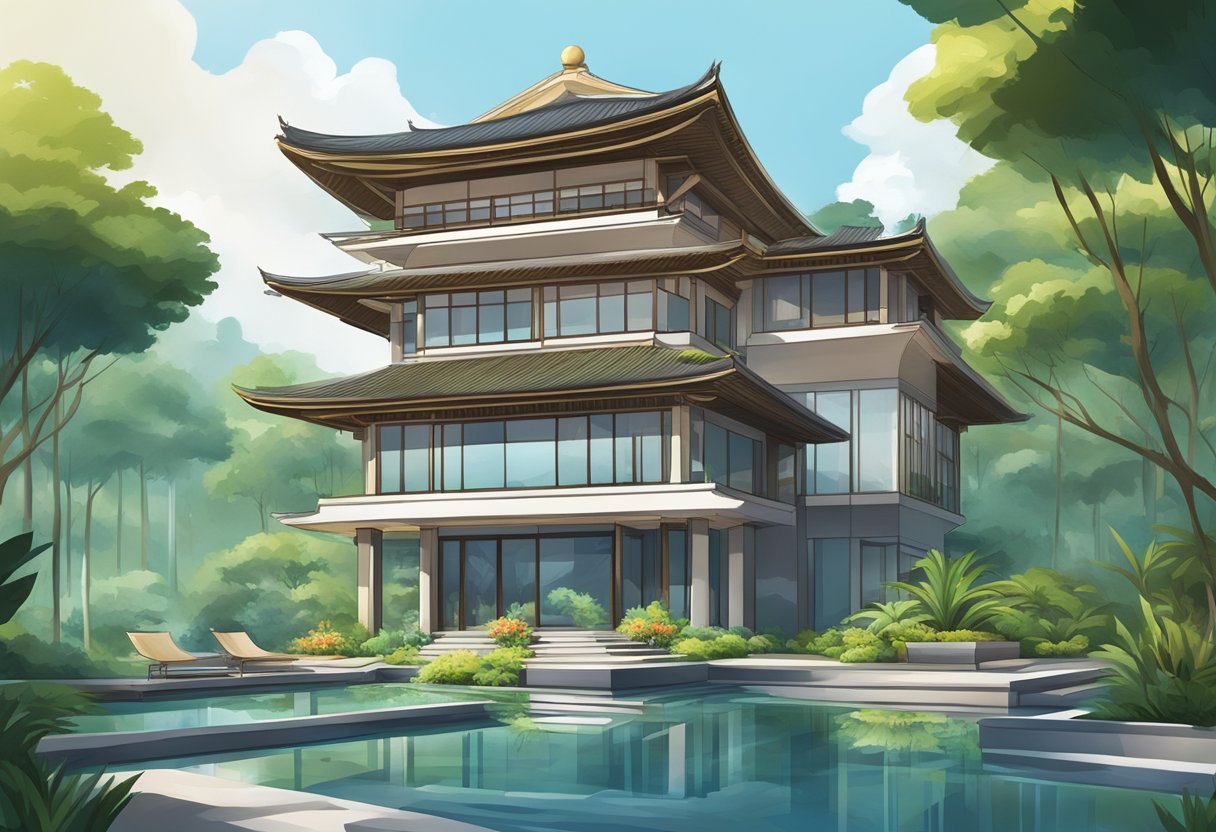A modern, sleek building with Asian architectural elements, surrounded by lush greenery and a serene water feature