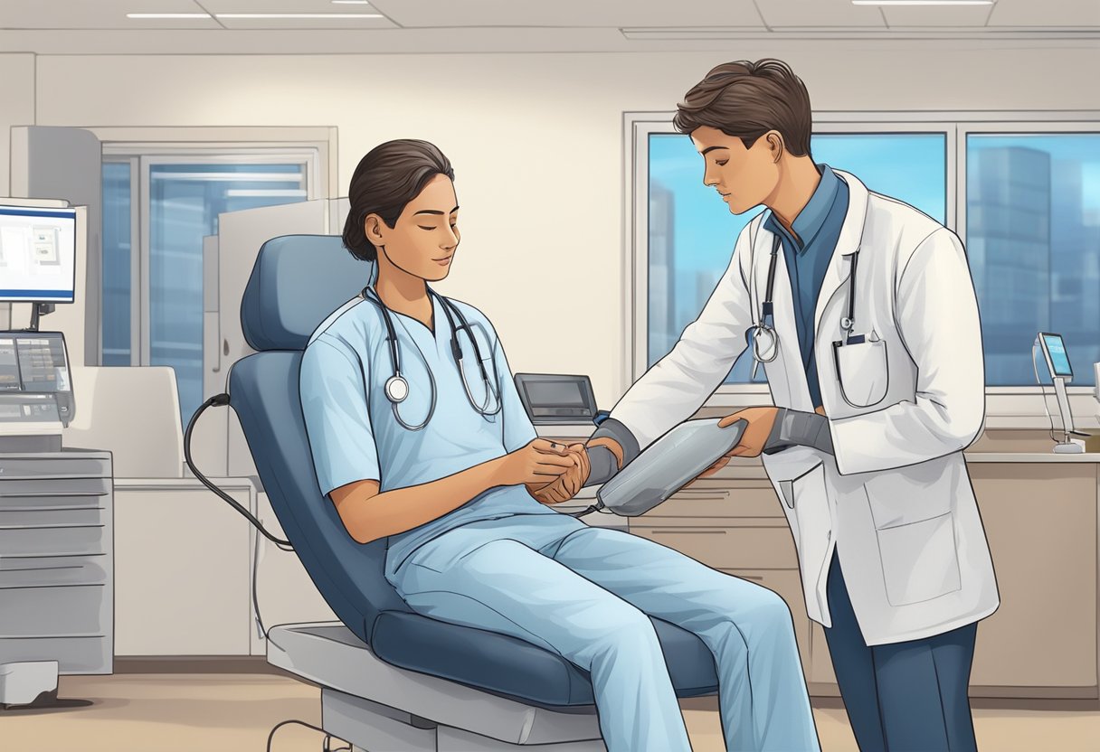 A cardiology technologist performing an ECG test on a patient in a hospital setting