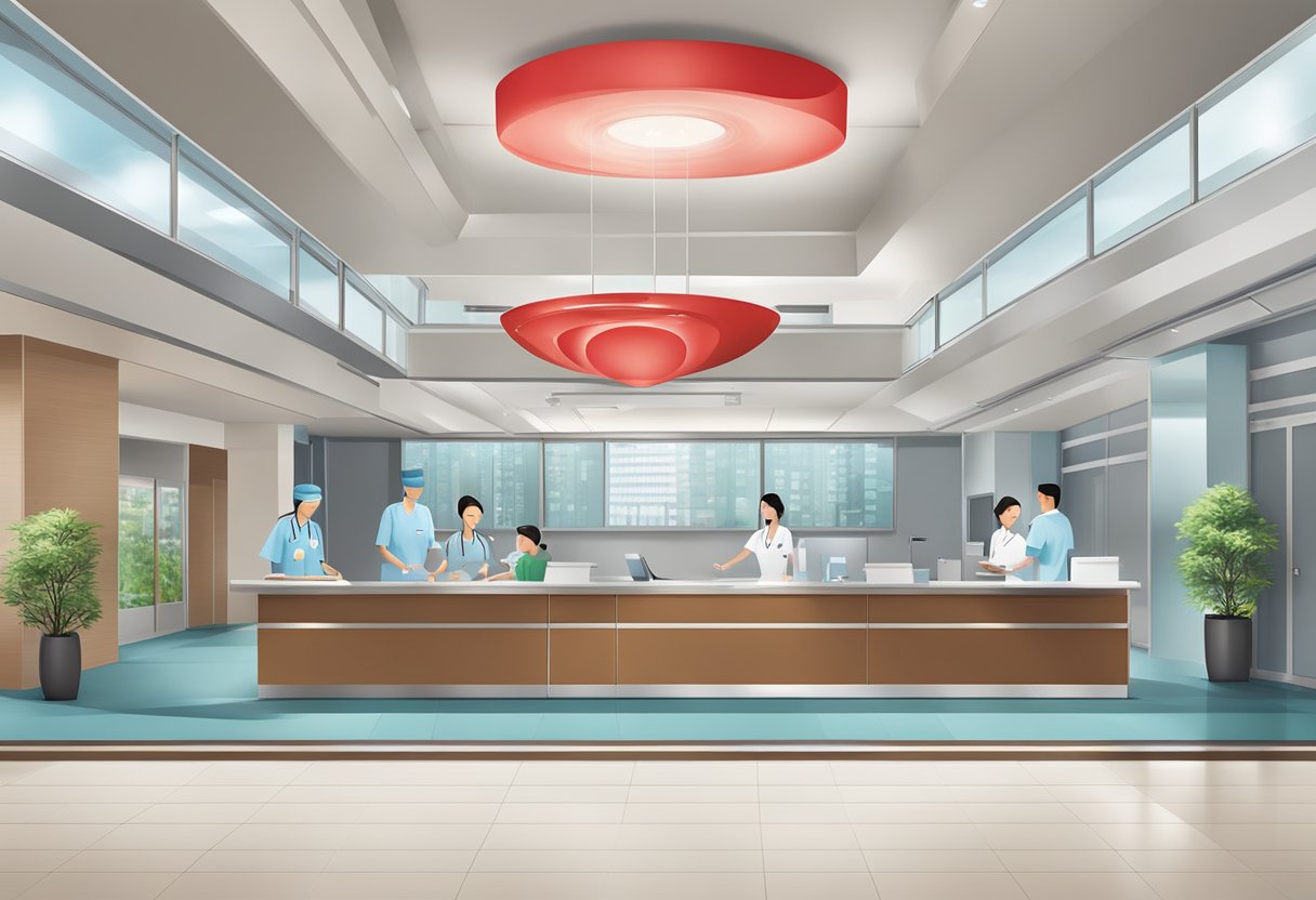 A modern, bustling hospital lobby with a sleek, Asian-inspired design. A prominent sign reads "Comprehensive Cardiac Care - Asian Heart and Vascular Centre."