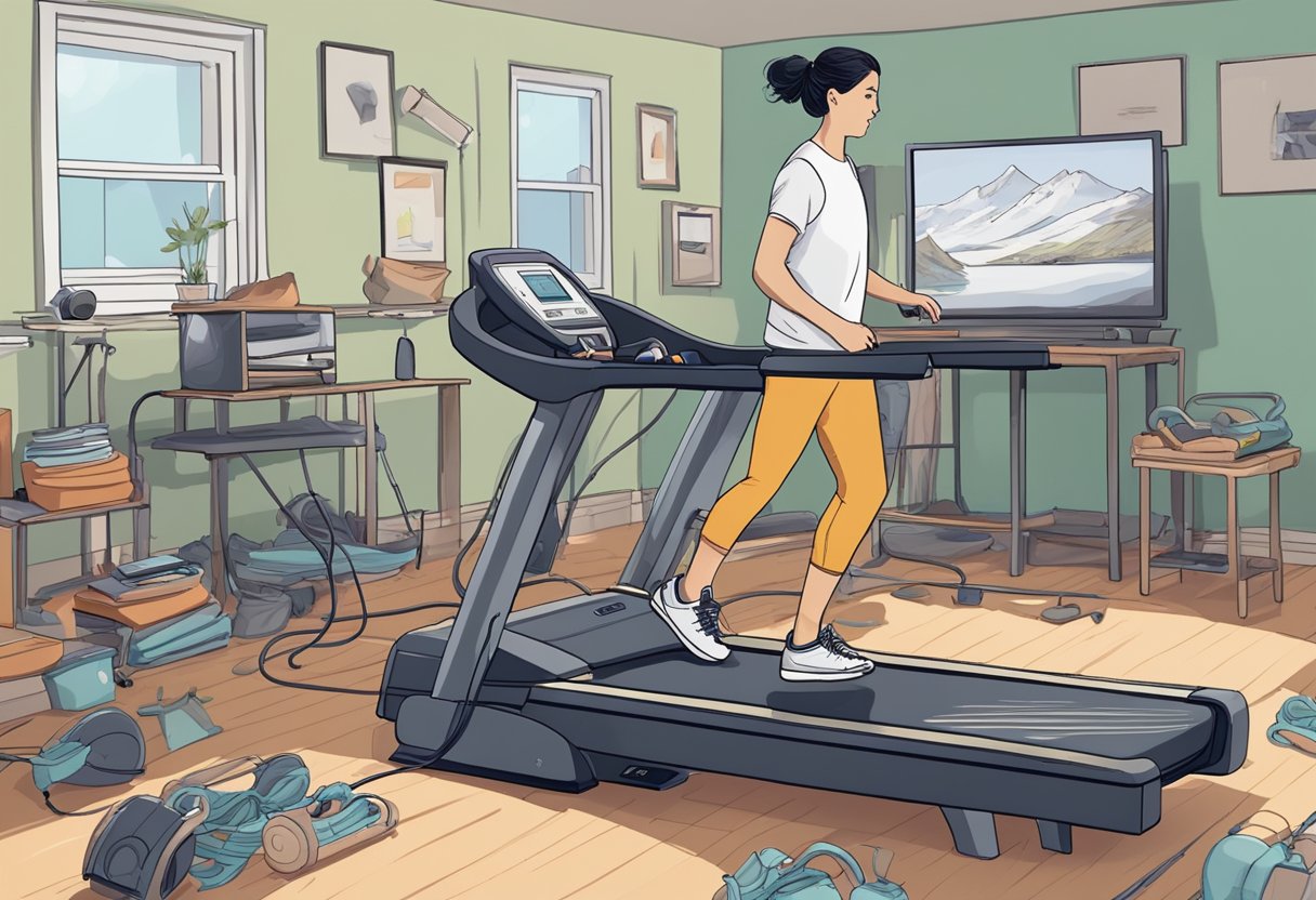 A sedentary figure surrounded by cluttered, unused exercise equipment. Dust gathers on a neglected treadmill, while a television plays in the background