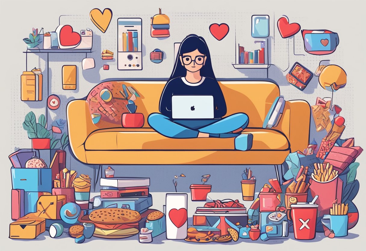 A person sitting on a couch, surrounded by junk food and electronic devices. A heart symbol appears above them, with a red X through it