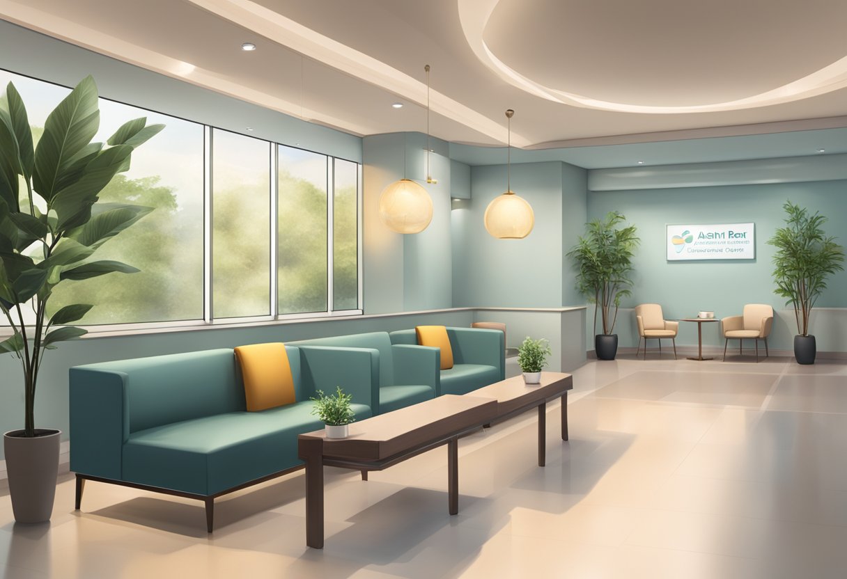 A serene waiting room with modern decor, soft lighting, and comfortable seating. A reception desk with friendly staff and a sign reading "Asian Heart and Vascular Centre - Dedication to Patient Experience."