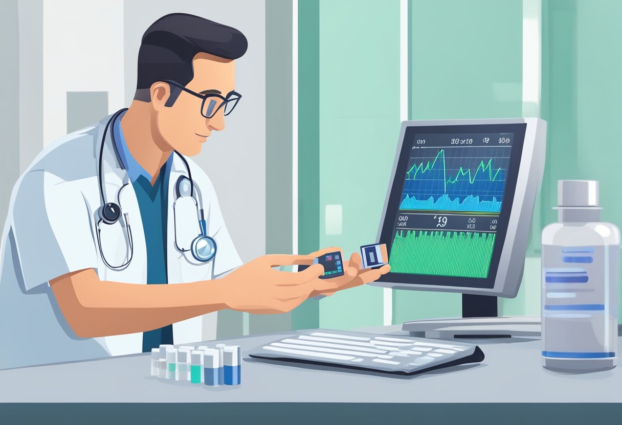 A heart monitor displays elevated afterload levels, while a doctor adjusts medication dosage