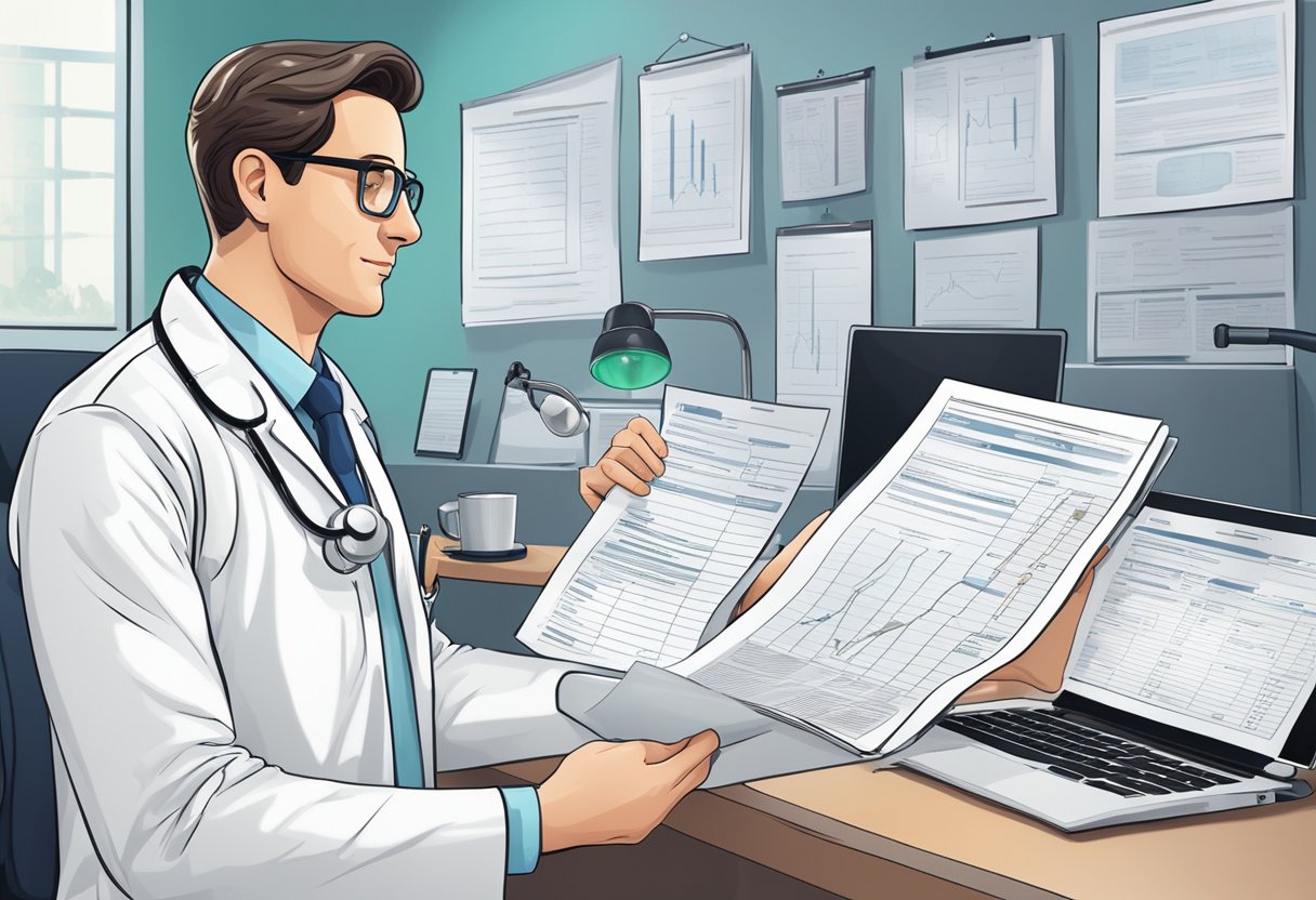 A doctor reviewing a list of frequently asked questions about afterload in cardiology, with medical equipment and charts in the background
