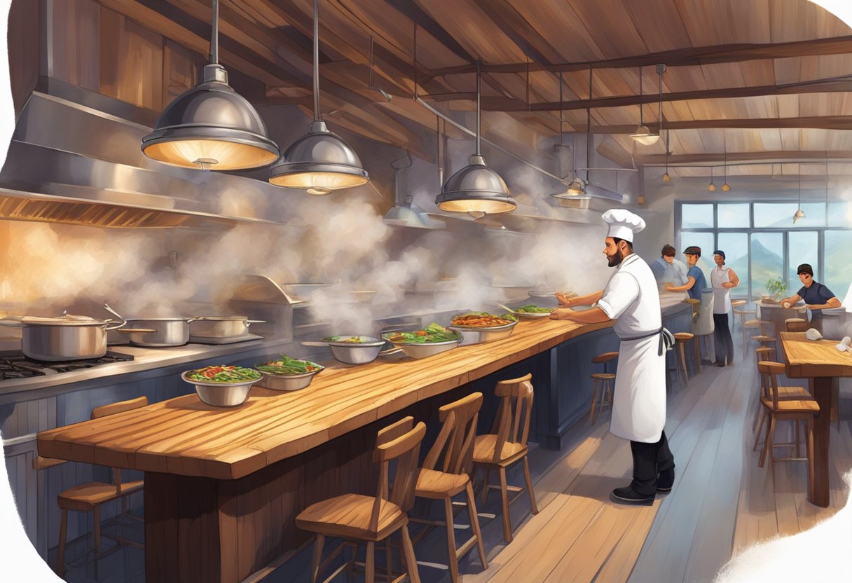 Customers sit at wooden tables, steam rising from plates of fresh fish. A chef tends to sizzling pans in the open kitchen. The cozy restaurant is filled with the sound of clinking dishes and happy chatter