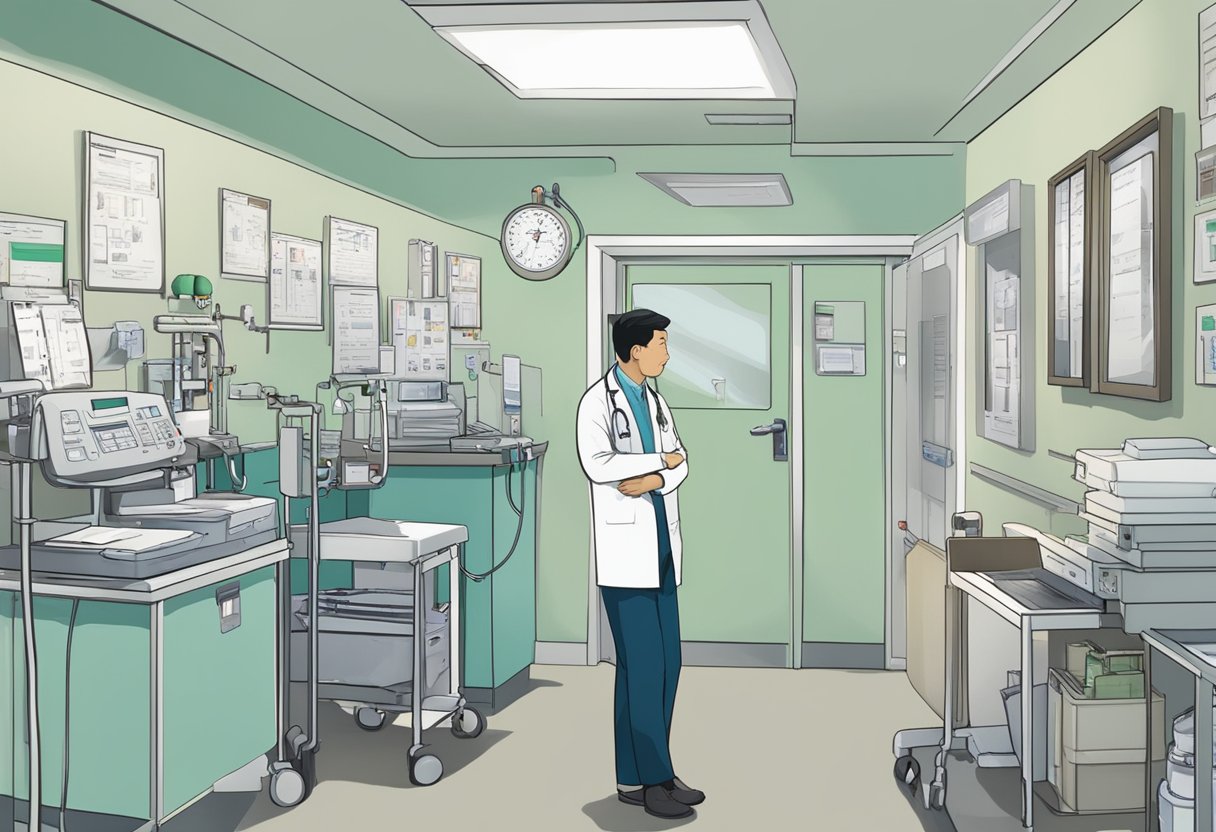 Dr. Kwok, a cardiologist, stands in a hospital hallway, surrounded by medical equipment and charts. The busy atmosphere suggests a sense of urgency and importance