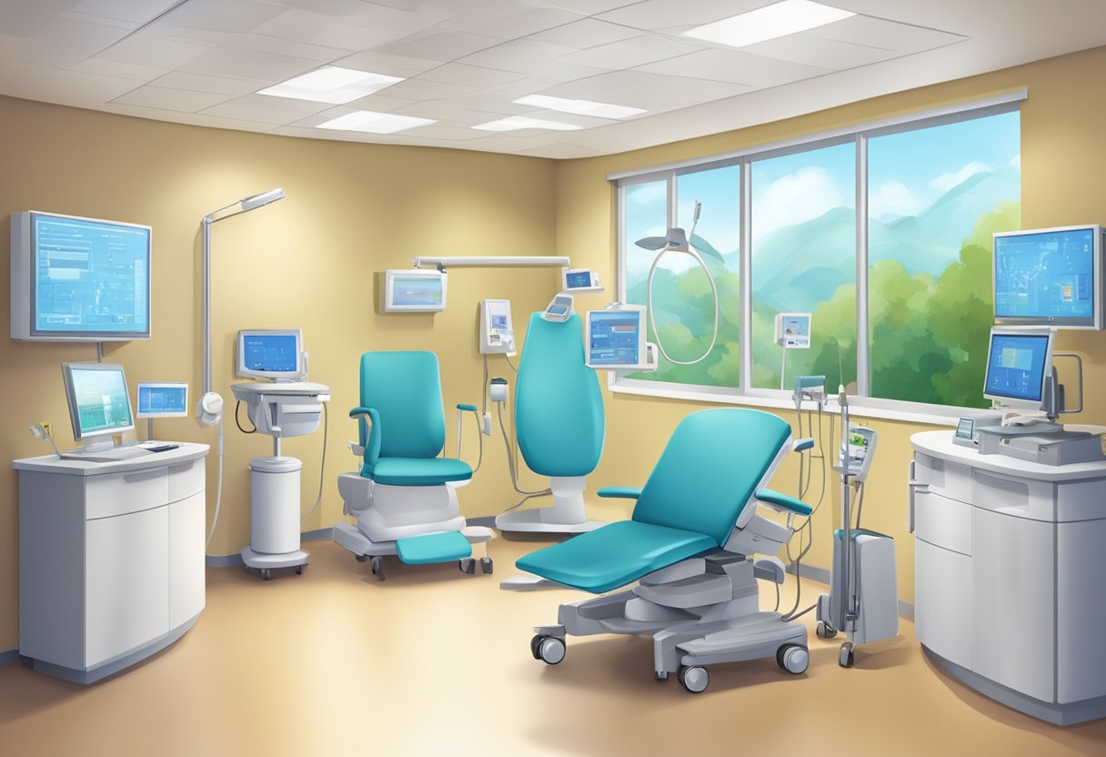 A bright, modern heart center with comfortable waiting areas, state-of-the-art medical equipment, and friendly staff assisting patients
