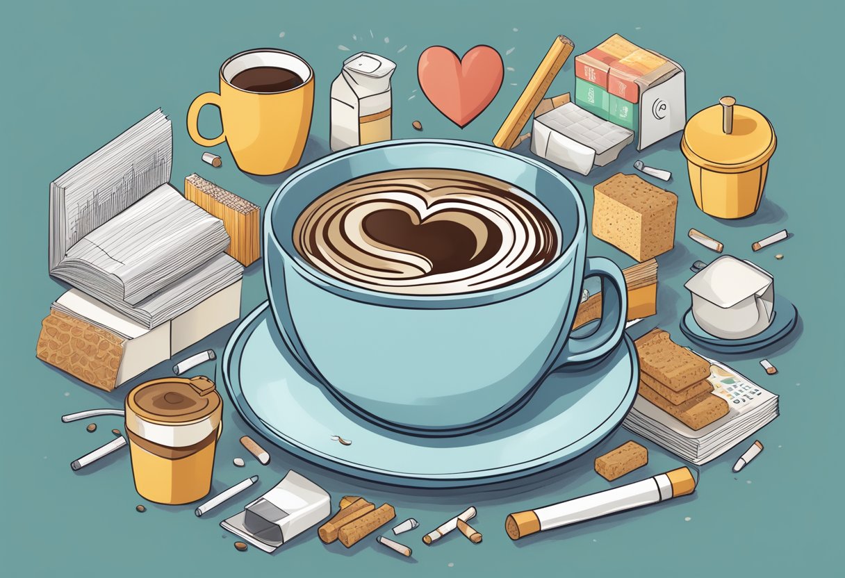 A coffee cup surrounded by heart disease risk factors: cigarettes, high-fat foods, and stress-inducing work materials