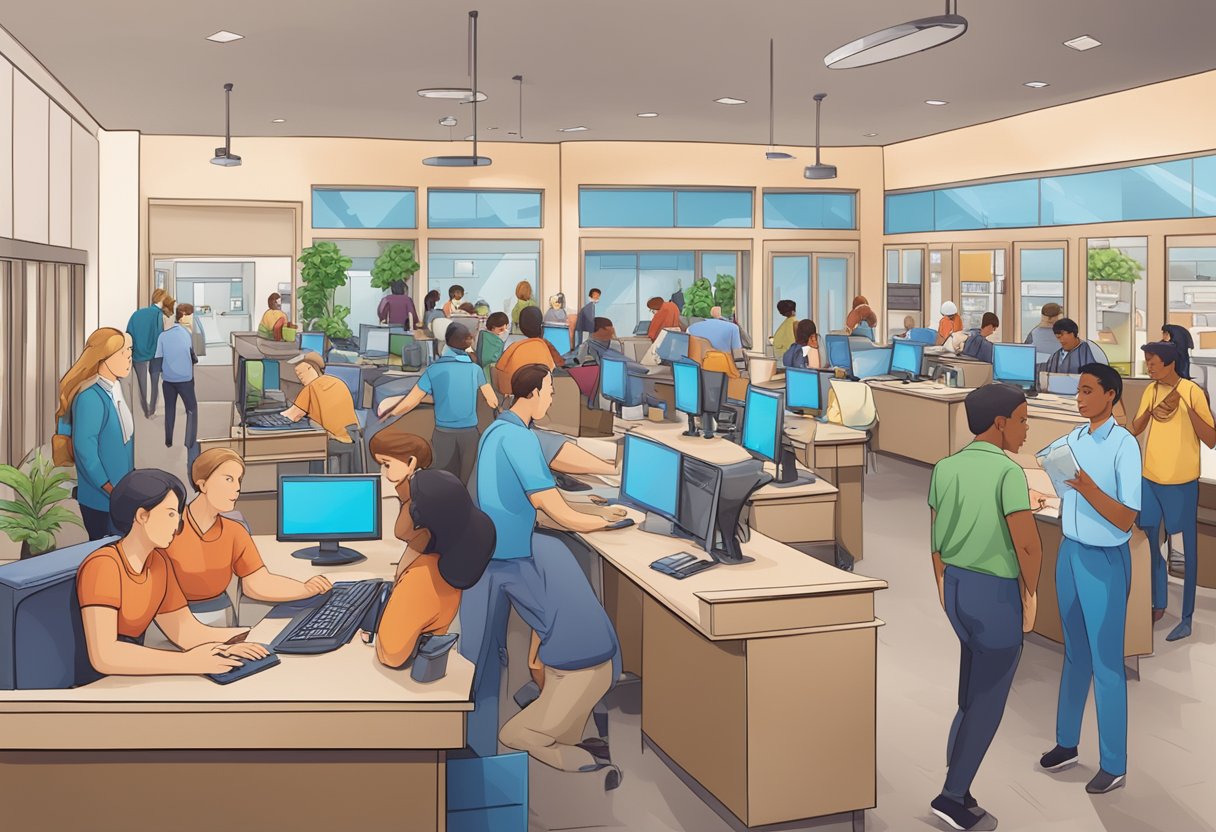 A bustling heart center with people seeking information, signs, and a help desk