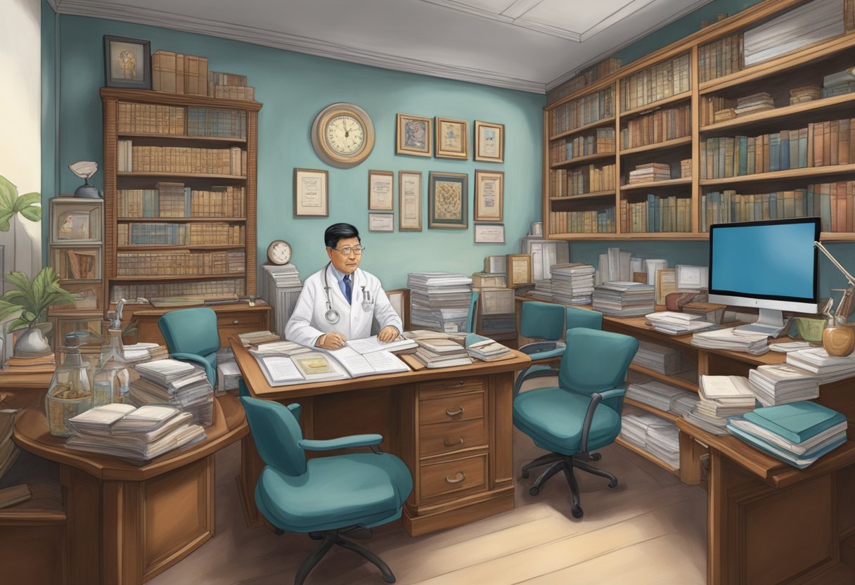 Dr. Bernard Kwok's office, filled with medical books and diplomas, showcases his expertise as a renowned cardiologist