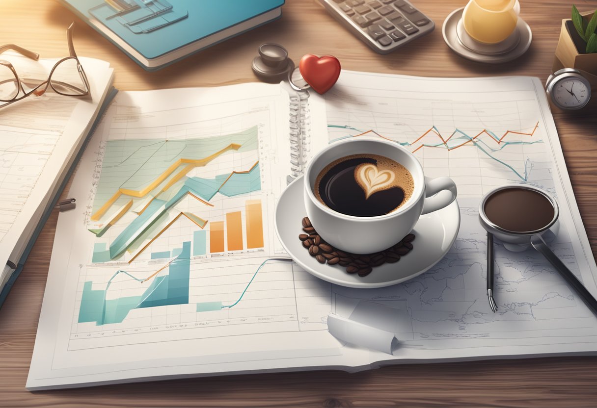 A steaming cup of coffee sits next to a healthy heart, surrounded by medical charts and research articles on heart disease