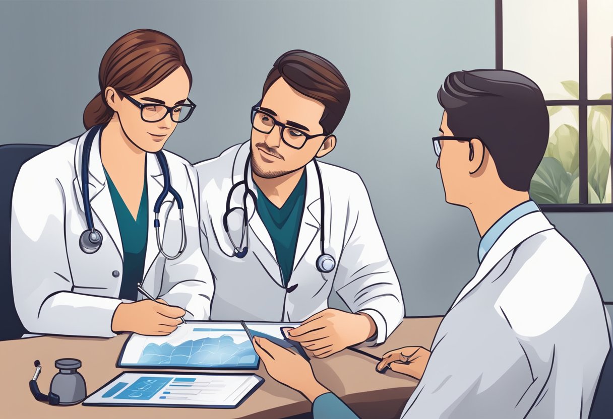 A doctor examining a chart, with a stethoscope around their neck, discussing hypothyroidism and heart palpitations with a patient
