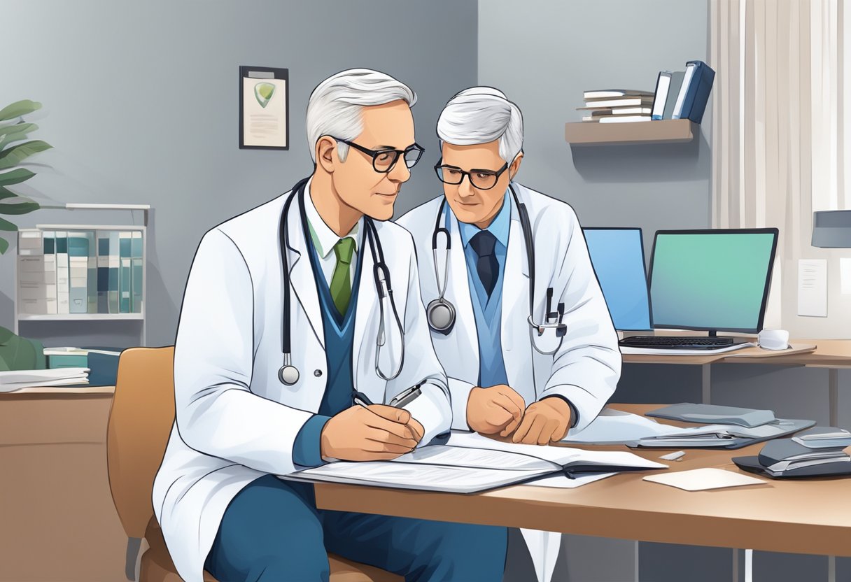 A cardiologist in a clinical setting, consulting with patients and reviewing medical records