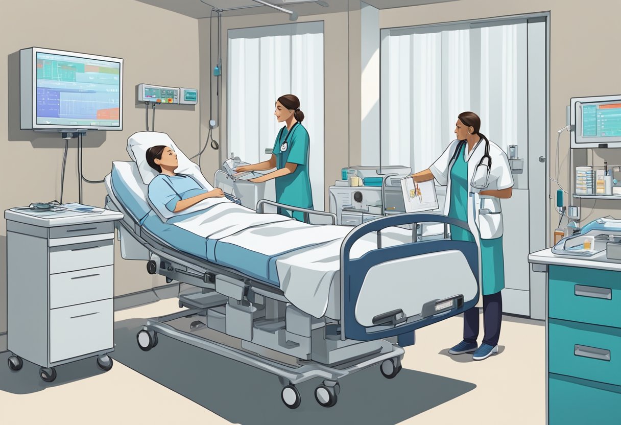 Patient in hospital bed, surrounded by medical equipment, with a nurse monitoring vital signs and a doctor discussing recovery plan