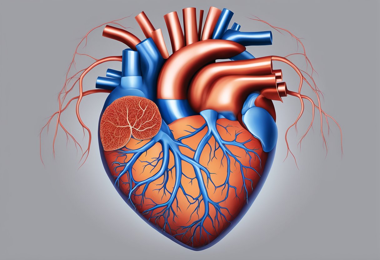 A heart surrounded by thickened and narrowed blood vessels, with increased pressure and strain evident