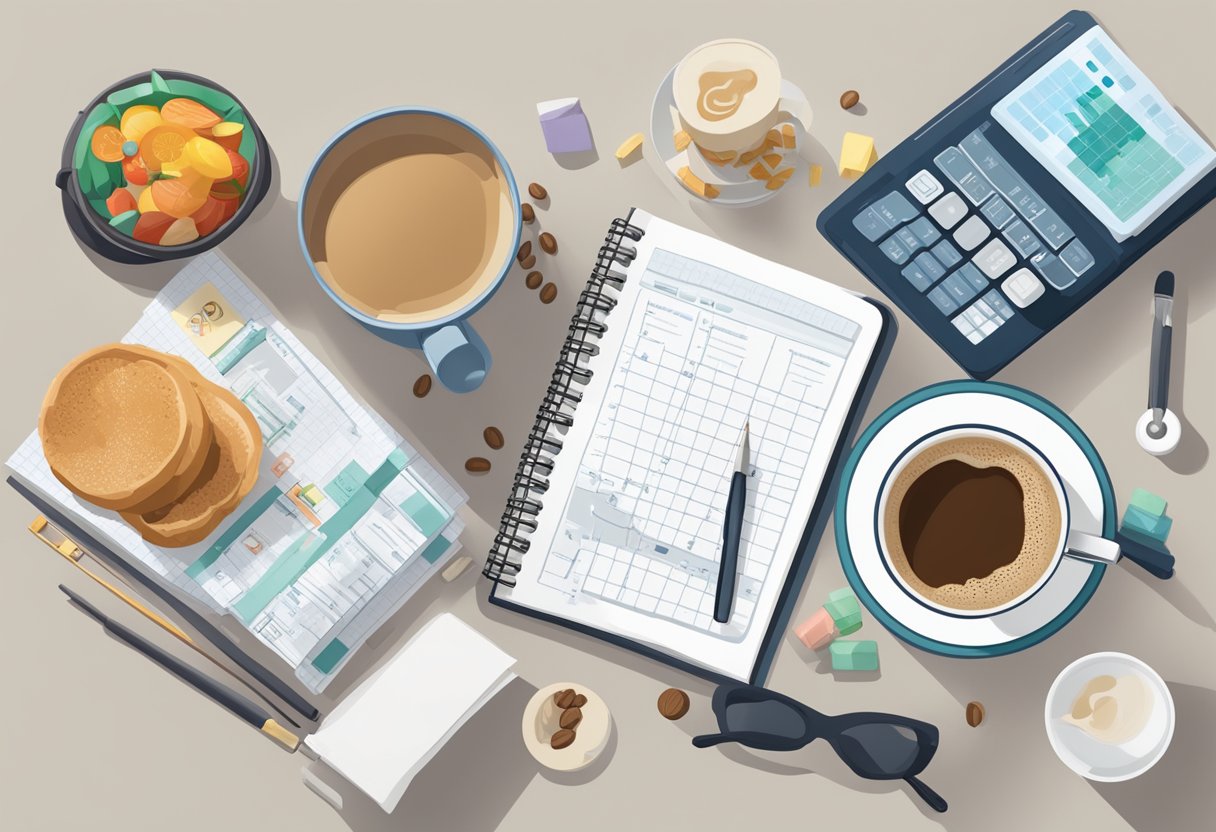 A person sitting at a table with a cup of coffee, surrounded by exercise equipment, healthy food, and medical charts