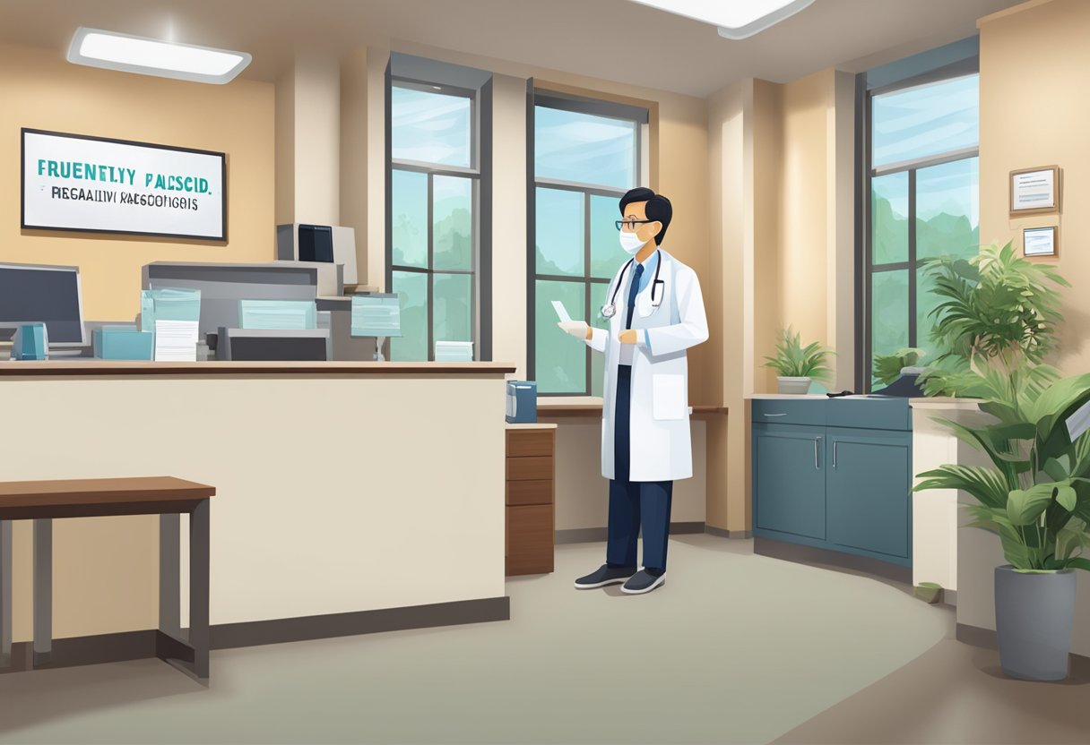 A doctor's office with a sign reading "Frequently Asked Questions" and a cardiologist's name, Dr. Kwok, displayed prominently