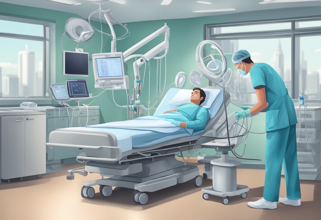 A doctor carefully inserts a stent into a heart artery, while medical equipment surrounds the patient's bed in a hospital room