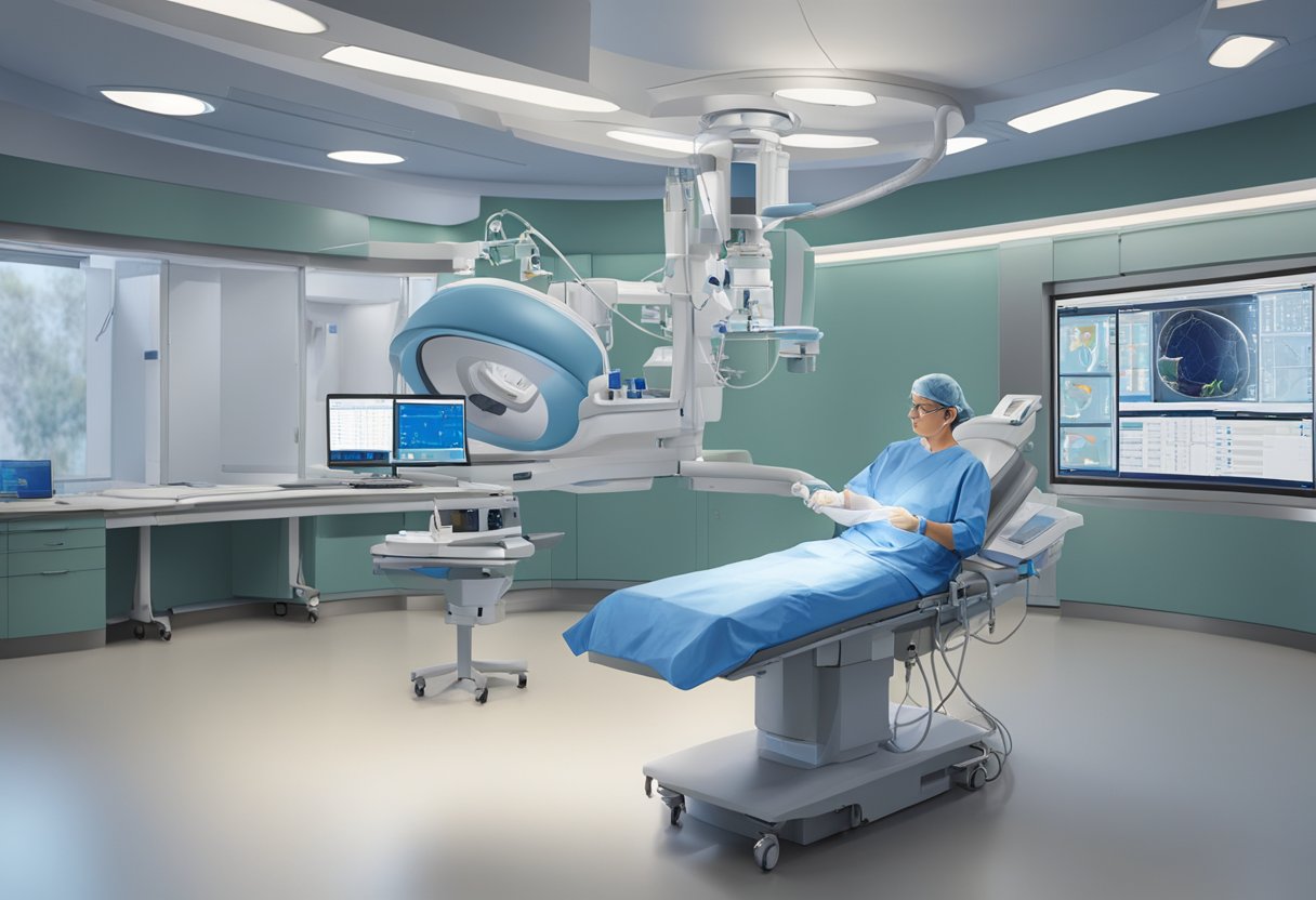 A consultant interventional cardiologist performing a cardiac catheterization procedure in a state-of-the-art cath lab